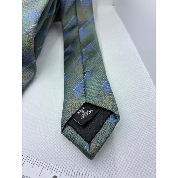 J Ferrar Mens Geometric Chevron Necktie Green Blue Bronze Silk Blend Tie - Picture 5 of 7